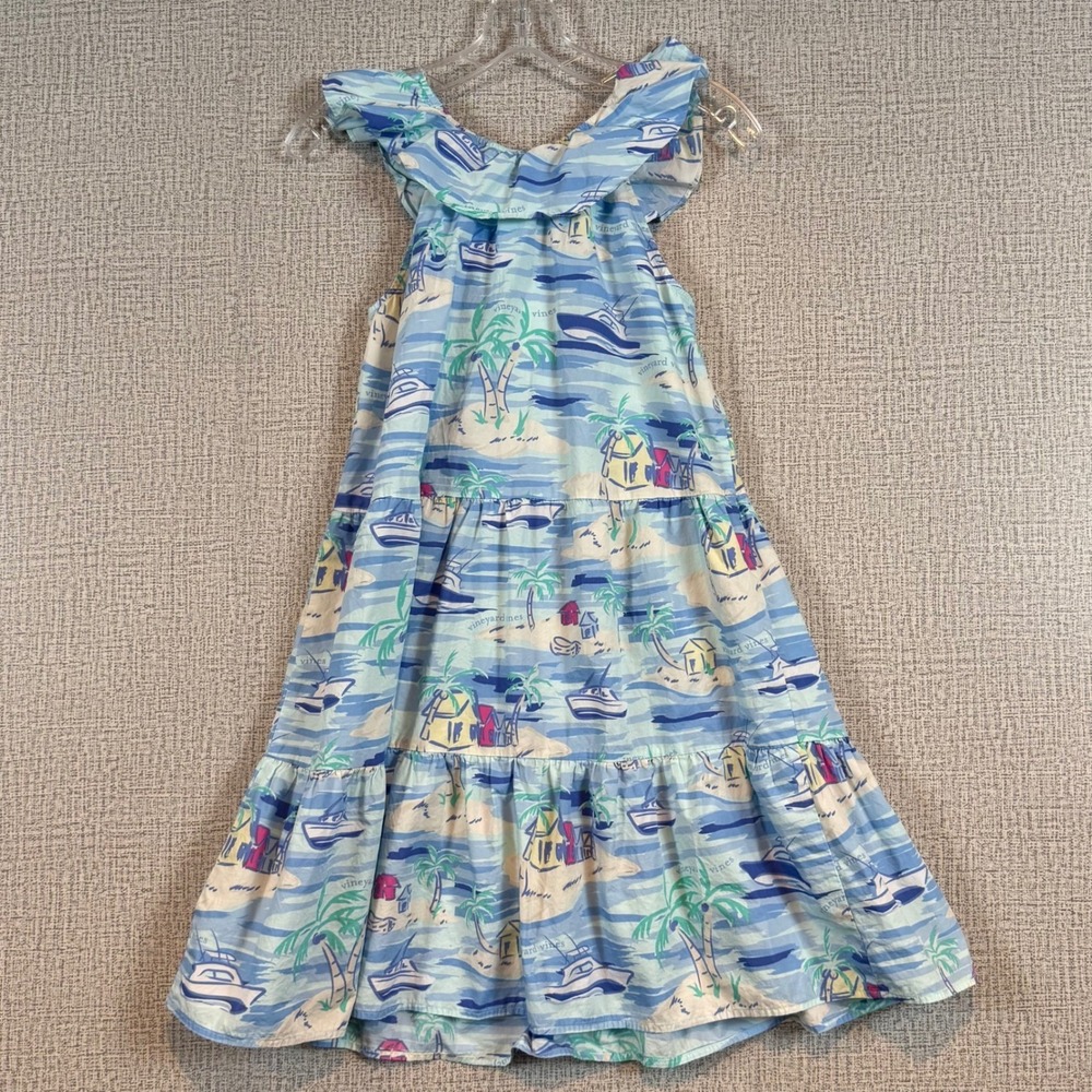 Vineyard Vines‎ Target Girls XL 14/16 Blue Nautical Tropical Tiered Ruffle Dress - Picture 4 of 8